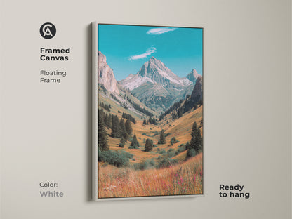 Framed mountain valley canvas art with a white floating frame. This ready to hang artwork offers a clean modern look. The landscape art brings a sense of peace and serenity to any space.