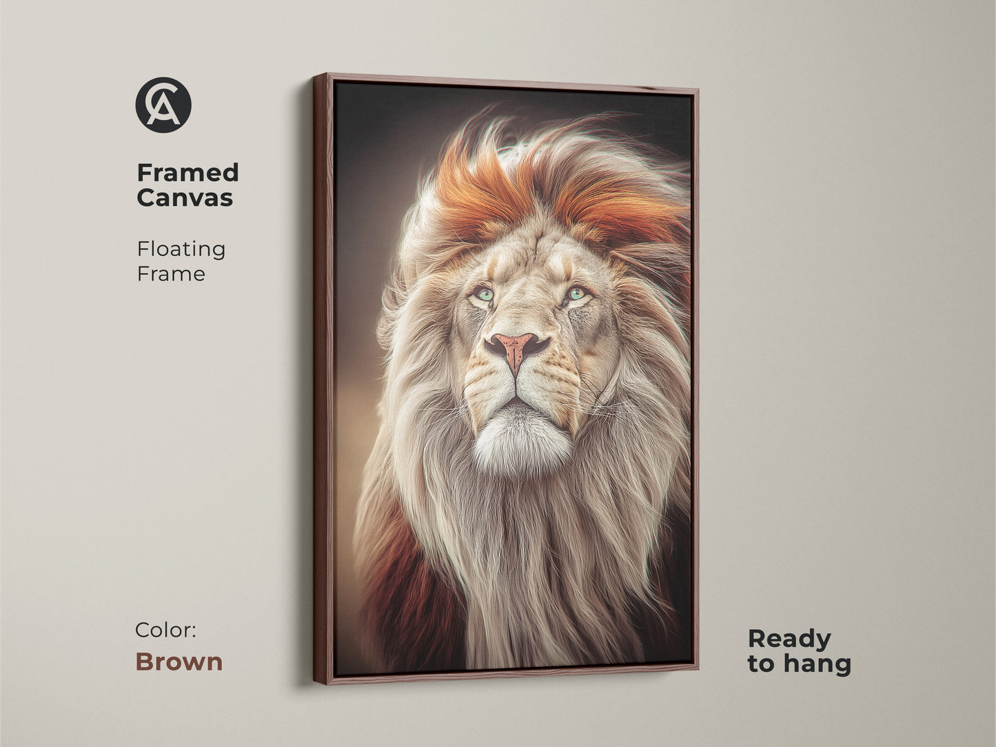 Framed canvas of the lion artwork with a brown floating frame. The photorealistic lion canvas is ready to hang. The gold and orange mane art bring a modern touch. This wildlife portrait print adds sophistication to your decor.