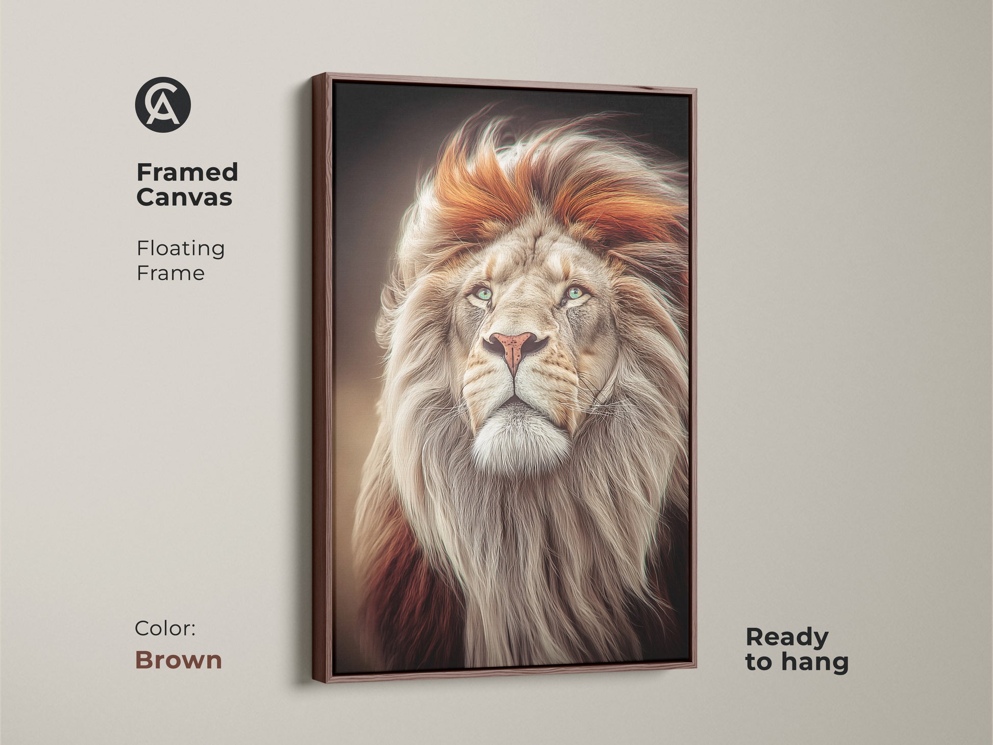 Framed canvas of the lion artwork with a brown floating frame. The photorealistic lion canvas is ready to hang. The gold and orange mane art bring a modern touch. This wildlife portrait print adds sophistication to your decor.