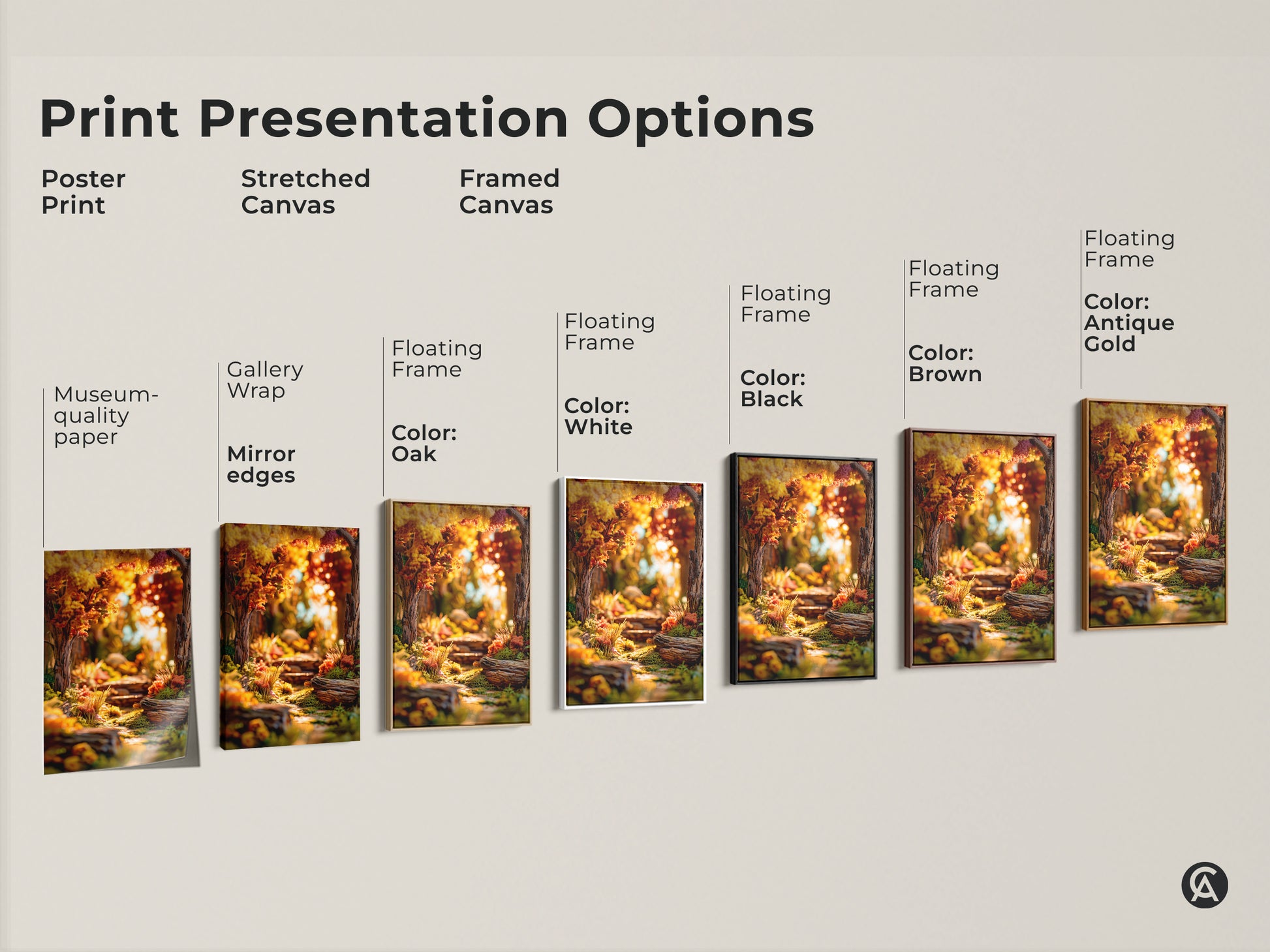 Print presentation options for forest path art. Choose from poster stretched canvas or framed canvas. Frame colors include oak white black brown and antique gold. Find the perfect style for your home.