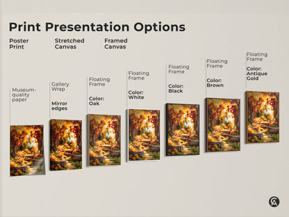 Print presentation options for forest path art. Choose from poster stretched canvas or framed canvas. Frame colors include oak white black brown and antique gold. Find the perfect style for your home.