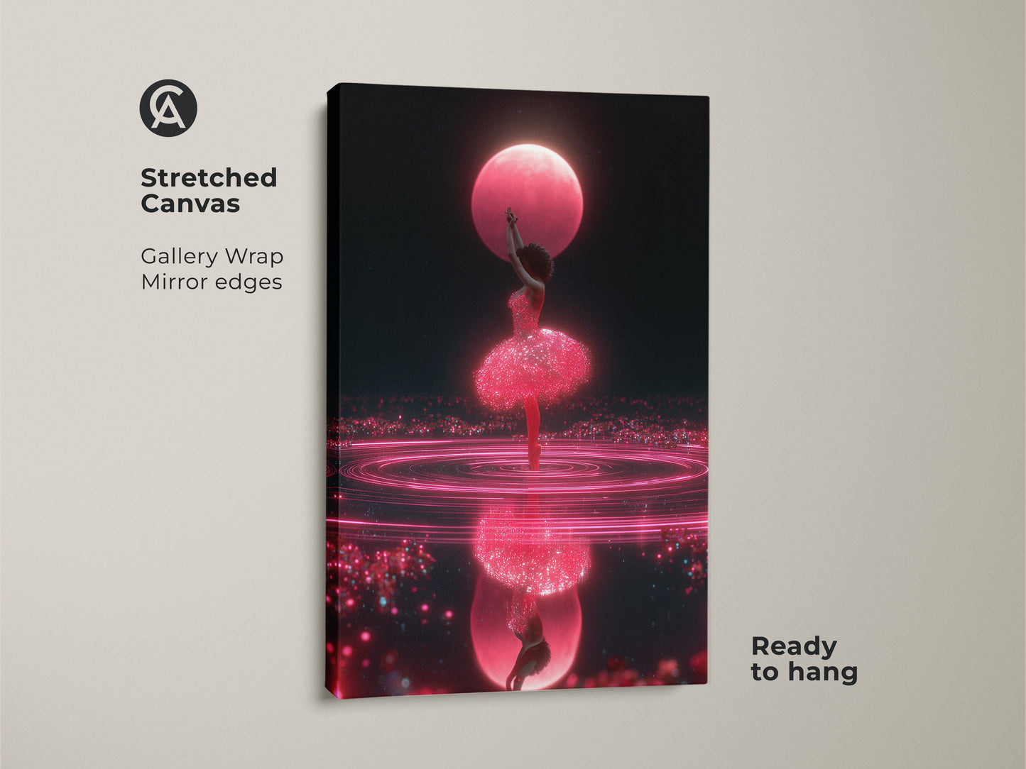 Stretched canvas of a surreal ballerina canvas art with gallery wrap and mirror edges. The cosmic dance wall art showcases a hot pink ballet print against a dark blue fantasy backdrop. Ready to hang this digital art dancer gift will enhance any room.