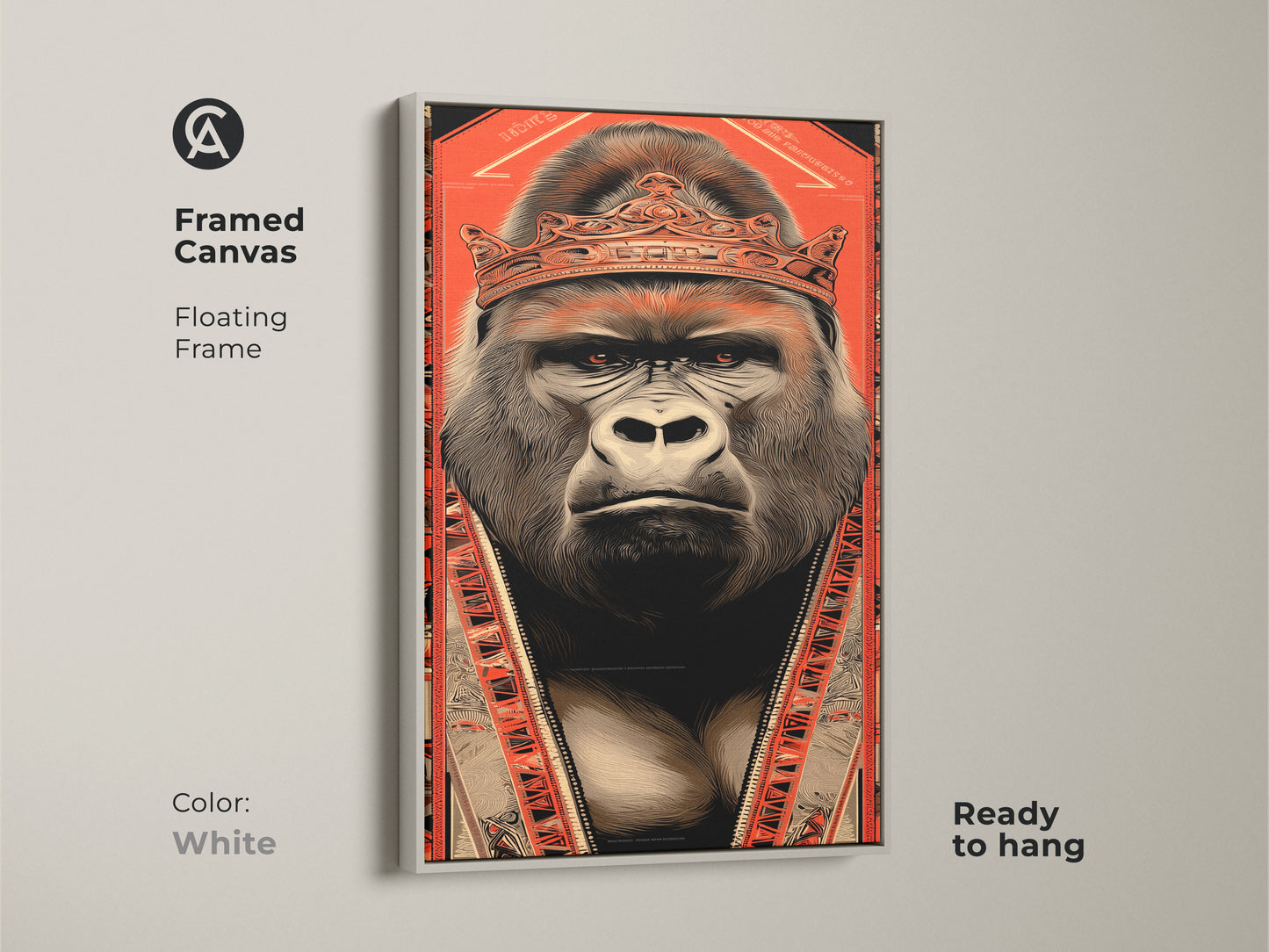 A regal gorilla with a crown in a white framed canvas. The bold illustration and tribal patterns create an eclectic vibe. This orange and black animal wall decor adds a unique touch to any space. Ready to hang this king gorilla artwork suits a study or office. Great for animal lovers.