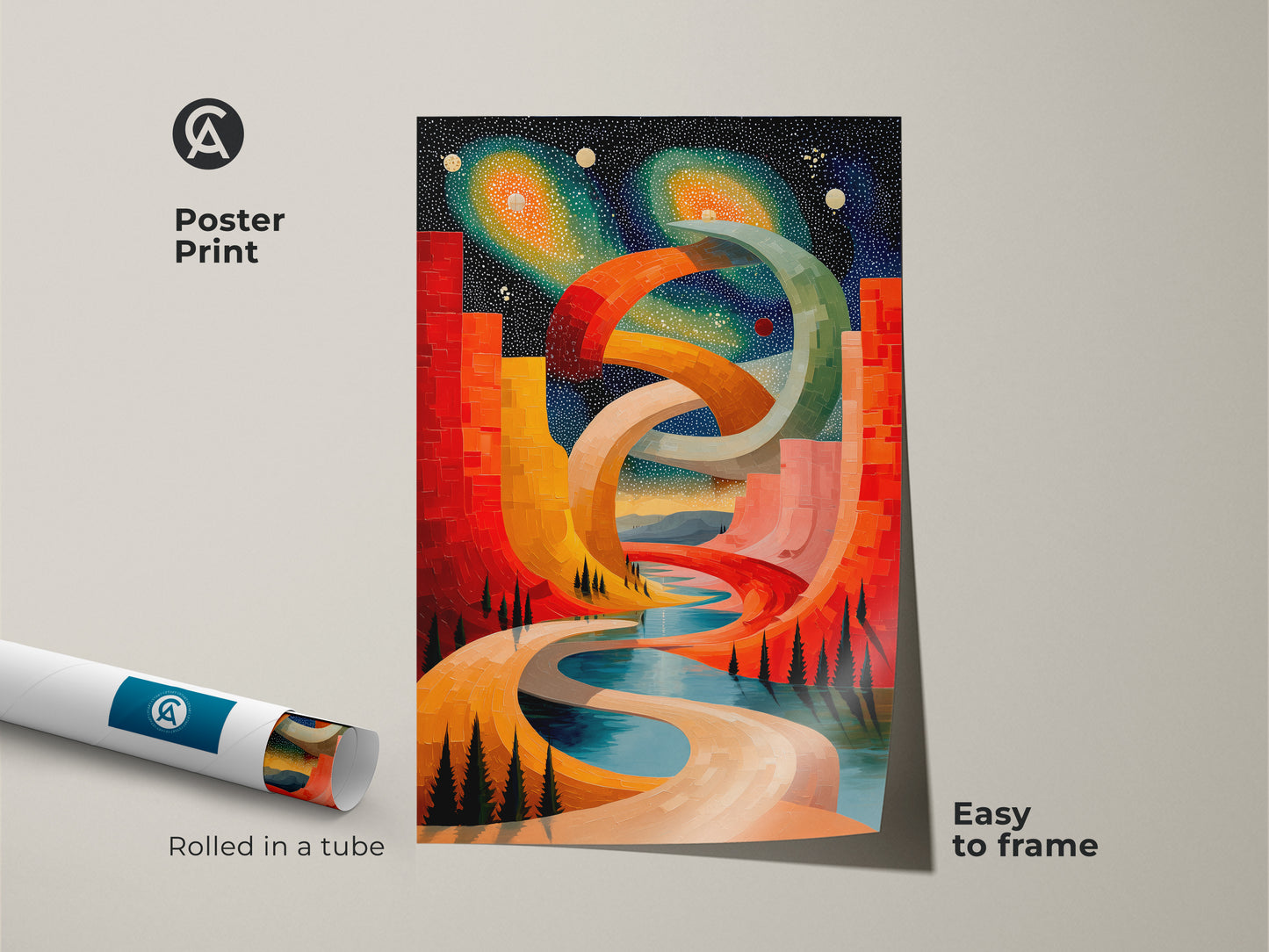 Poster print showcasing an abstract cosmic cityscape. Surreal geometric wall art rolled in a tube is easy to frame. Features red orange blue canvas art. Contemporary space landscape modern bedroom decor is ideal. Perfect art for stargazers.