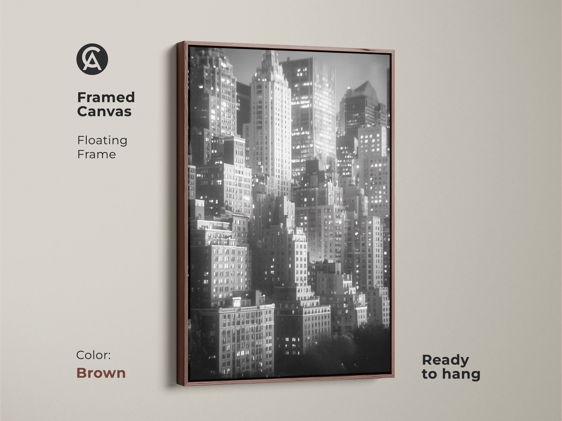 This framed canvas features a floating frame in brown. The black and white skyline artwork is ready to hang. Enhance your decor with this sophisticated NYC cityscape art.