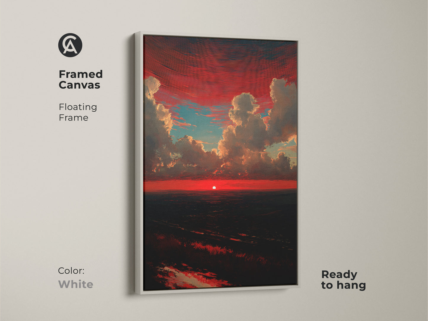 Framed crimson sunset canvas art with a white floating frame. This red and teal clouds print is ready to hang. A dramatic skyscape wall decor. A nature landscape artwork that makes a contemporary bedroom art. This is a teal cloud canvas decor.