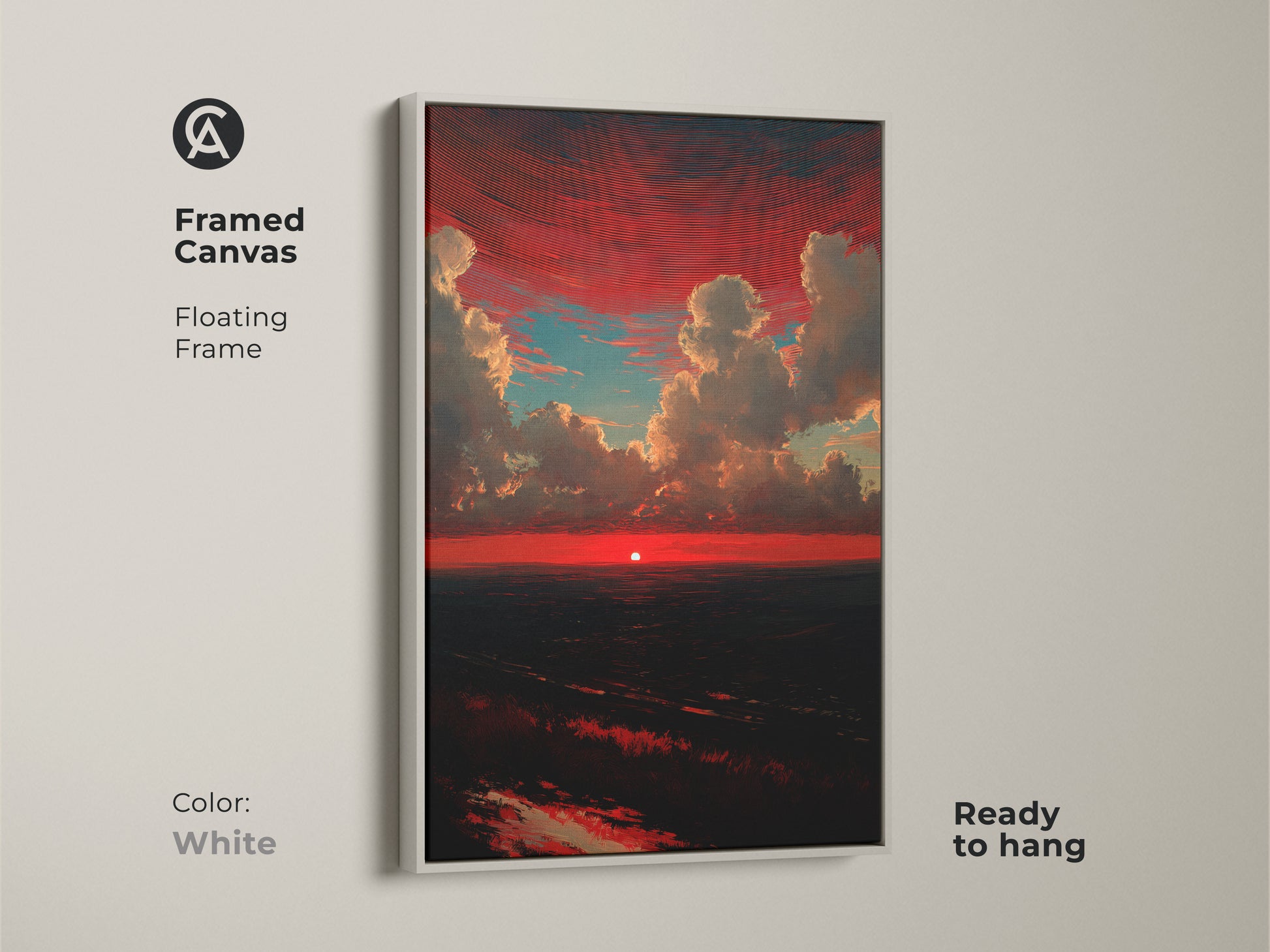 Framed crimson sunset canvas art with a white floating frame. This red and teal clouds print is ready to hang. A dramatic skyscape wall decor. A nature landscape artwork that makes a contemporary bedroom art. This is a teal cloud canvas decor.