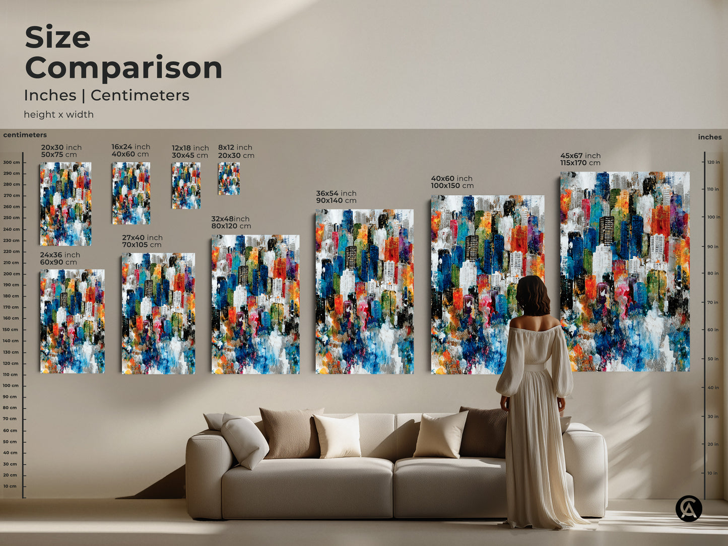 Size comparison of abstract city artwork. See how different sizes fit in a living space. This includes options in inches and centimeters. Visualize the artwork's presence in your home. Perfect for planning decor.