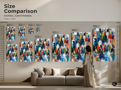 Size comparison of abstract city artwork. See how different sizes fit in a living space. This includes options in inches and centimeters. Visualize the artwork's presence in your home. Perfect for planning decor.