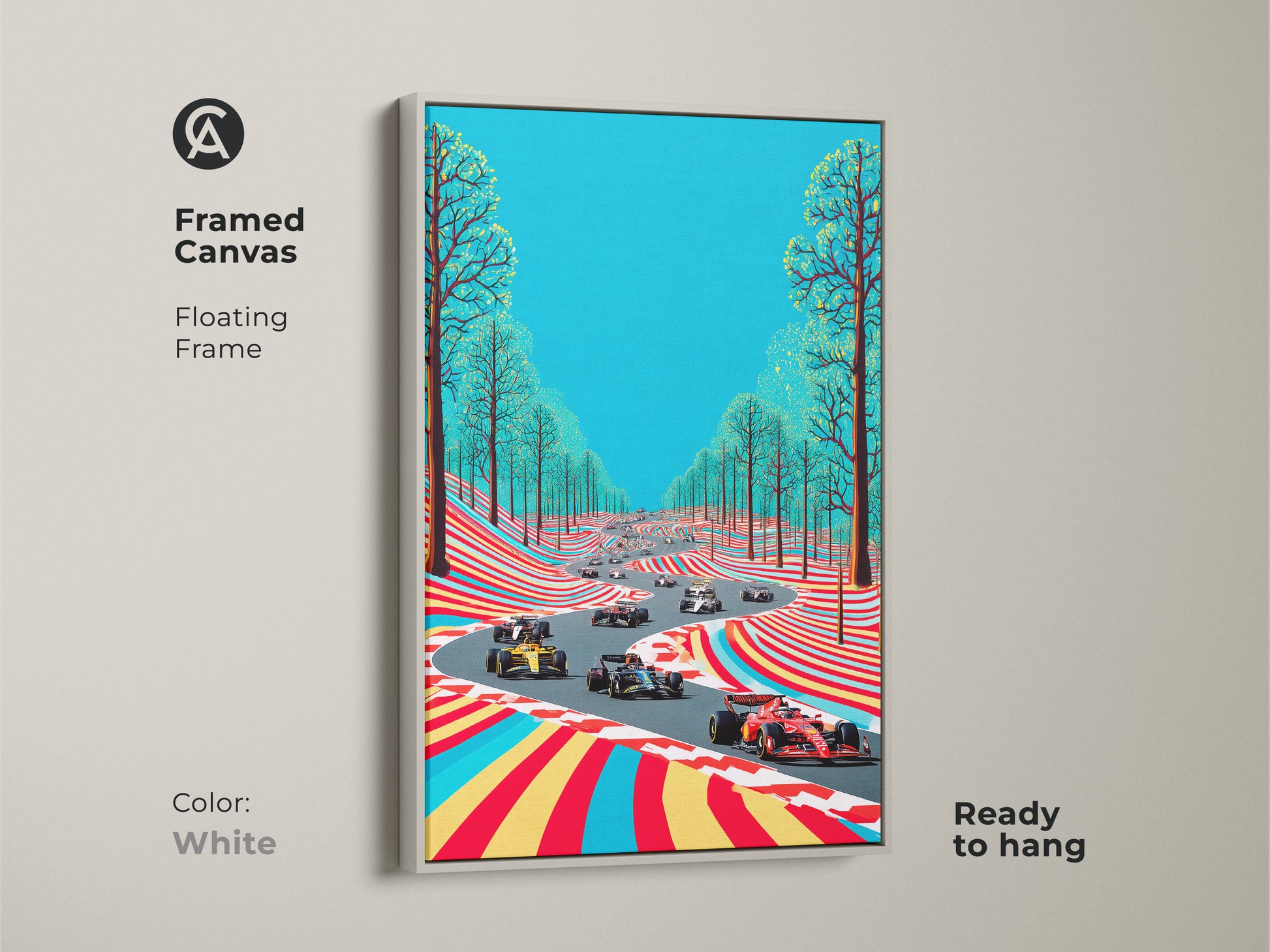 Print presentation options featuring Formula 1 racing art. See the artwork as a poster print or stretched canvas. Framed canvas choices include white oak black brown and antique gold. Select the perfect style for your modern motorsport decor. This abstract art makes a unique gift for any F1 fan.