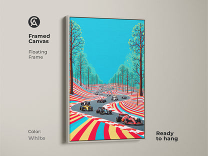 Print presentation options featuring Formula 1 racing art. See the artwork as a poster print or stretched canvas. Framed canvas choices include white oak black brown and antique gold. Select the perfect style for your modern motorsport decor. This abstract art makes a unique gift for any F1 fan.