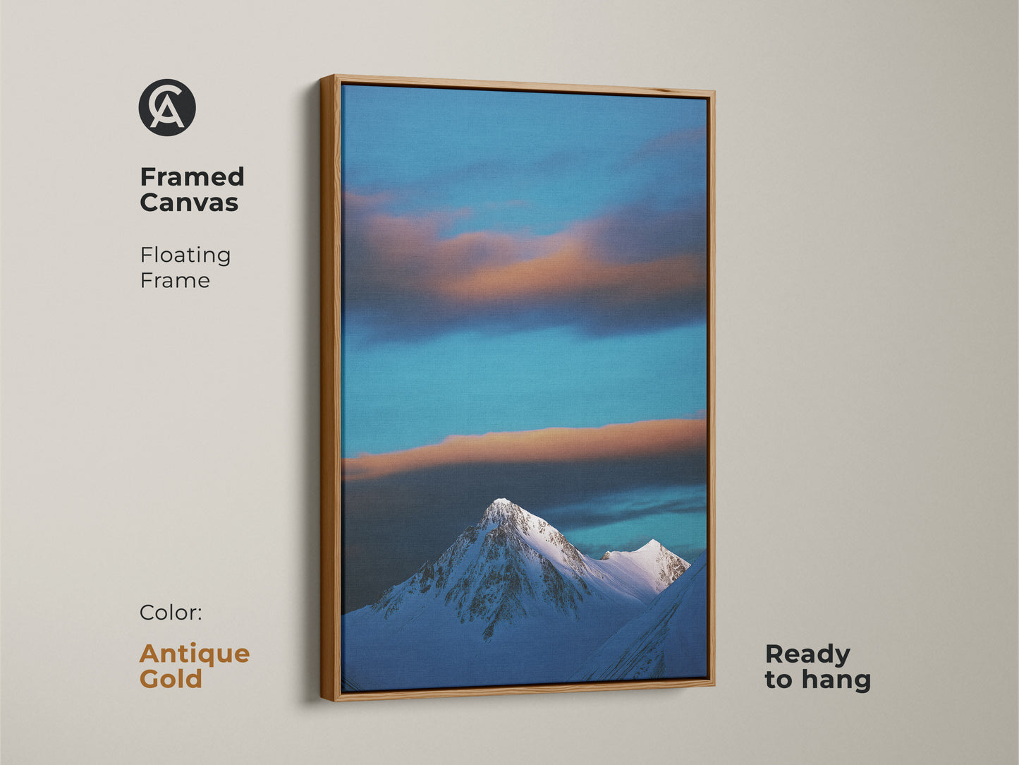 An antique gold frame highlights this snowy mountain canvas print. The blue sky and clouds create a serene nature photography decor. This ready-to-hang artwork adds a touch of alpine beauty. It's a thoughtful gift for hikers and outdoor lovers.