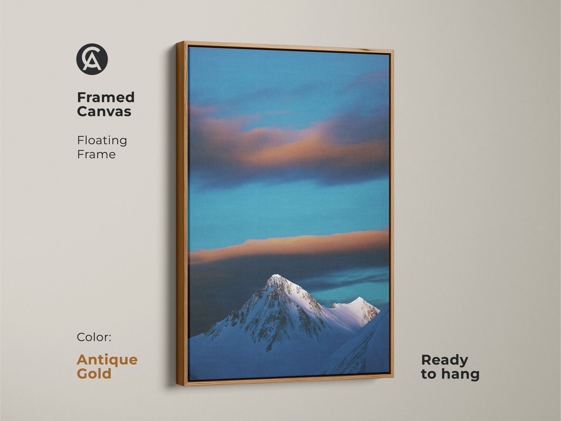 An antique gold frame highlights this snowy mountain canvas print. The blue sky and clouds create a serene nature photography decor. This ready-to-hang artwork adds a touch of alpine beauty. It's a thoughtful gift for hikers and outdoor lovers.