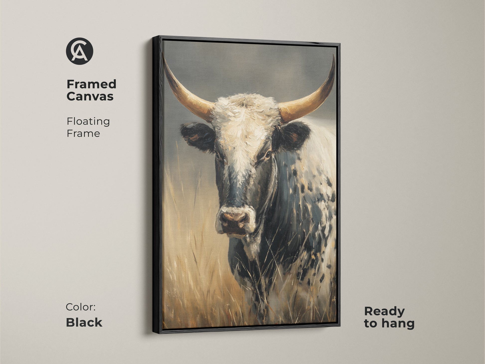Framed canvas of the Longhorn Cow artwork in a black floating frame. This rustic animal print is ready to hang. The black frame enhances the black and white cow canvas. Ideal for farmhouse living room or cattle ranch artwork.