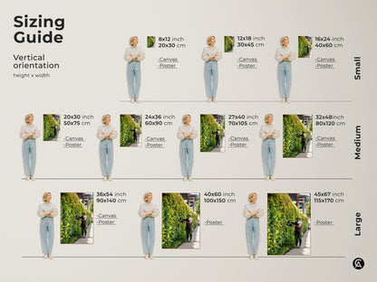 Sizing guide for our vertical gardener trimming ivy art. Available in canvas and poster prints choose from small medium and large sizes. Perfect for creating a stunning focal point in any room.