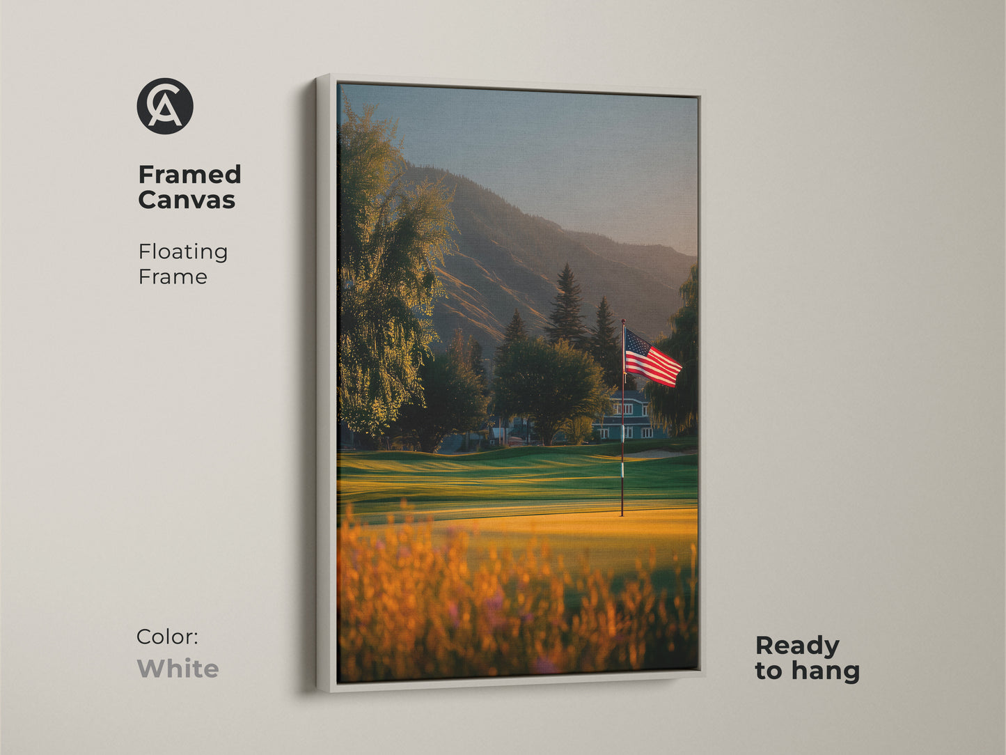 White framed canvas art showcasing an American flag on a vibrant golf course. The floating frame provides a clean look. It is ready to hang. Brighten your walls with this elegant and patriotic artwork.