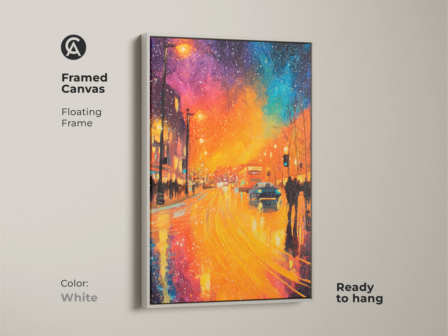 Transform your space with this framed canvas art. The floating frame in white offers a clean and modern look. The artwork captures a vibrant city street at night. Bright lights reflecting on the wet pavement. Ready to hang and enjoy. Shop now for framed canvas prints.