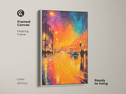 Transform your space with this framed canvas art. The floating frame in white offers a clean and modern look. The artwork captures a vibrant city street at night. Bright lights reflecting on the wet pavement. Ready to hang and enjoy. Shop now for framed canvas prints.