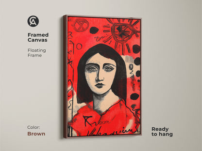 Framed canvas art showcasing a woman's portrait. The red background is decorated with unique symbols. The floating frame is brown and ready to hang. This artwork will transform your living space.