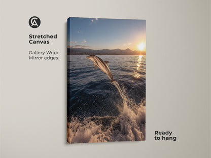 Stunning stretched canvas art featuring a dolphin jumping during sunset. The gallery wrap with mirror edges enhances the deep blue ocean and golden sky. This ready-to-hang coastal artwork brings a realistic ocean theme to any space. Ideal for beach house decor and adding a touch of animal nature art.