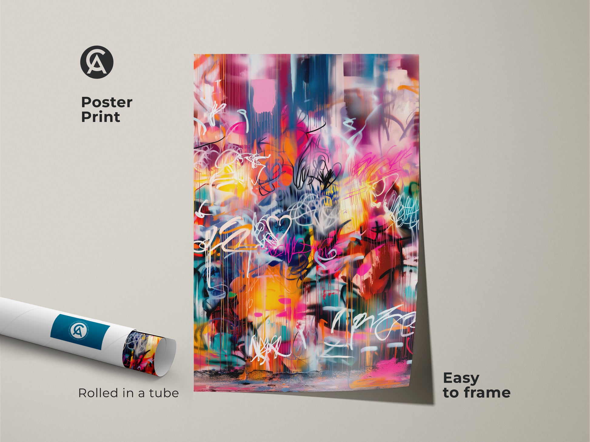 Poster print of graffiti-style artwork rolled in a tube. This colorful art print features a mix of pink yellow and blue tones. The modern artwork is easy to frame making it a versatile decor choice. Add a splash of color to your space with this vibrant print.