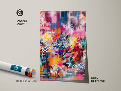 Poster print of graffiti-style artwork rolled in a tube. This colorful art print features a mix of pink yellow and blue tones. The modern artwork is easy to frame making it a versatile decor choice. Add a splash of color to your space with this vibrant print.