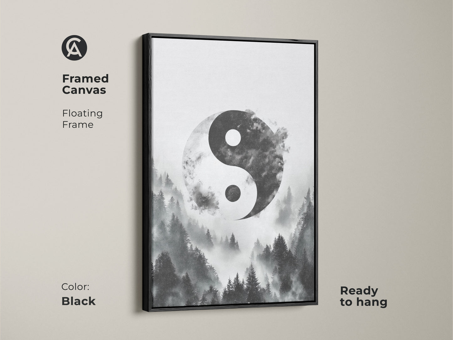 Framed canvas of the black Yin Yang in a misty forest. The floating frame enhances the monochrome nature artwork. Zen spiritual home decor is ready to hang in your home.