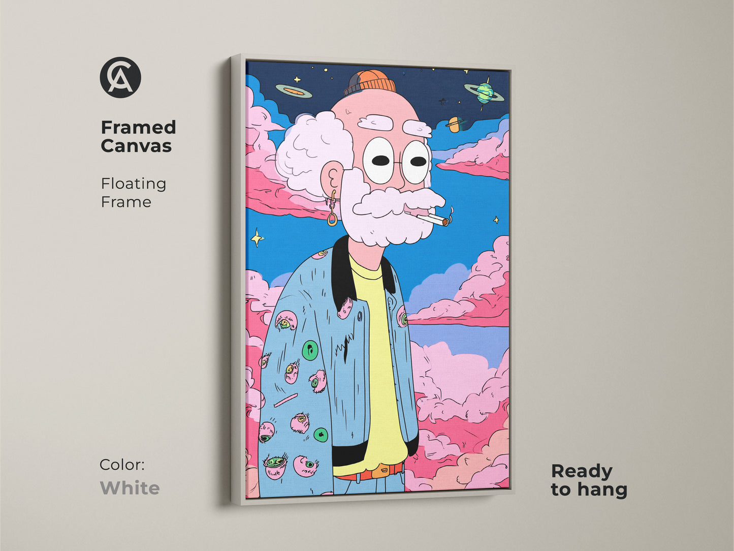 Framed canvas art featuring a cartoon drawing of an old man smoking. The floating frame is white and the artwork is ready to hang. This fun art print adds a unique touch to your home decor.