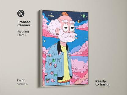 Framed canvas art featuring a cartoon drawing of an old man smoking. The floating frame is white and the artwork is ready to hang. This fun art print adds a unique touch to your home decor.