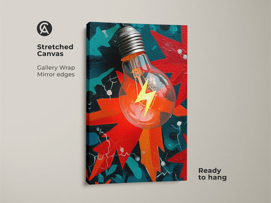 Stretched canvas abstract light bulb artwork featuring a vibrant lightning bolt. Gallery wrapped with mirror edges. This unique office art is ready to hang. The print includes red orange and teal accents.