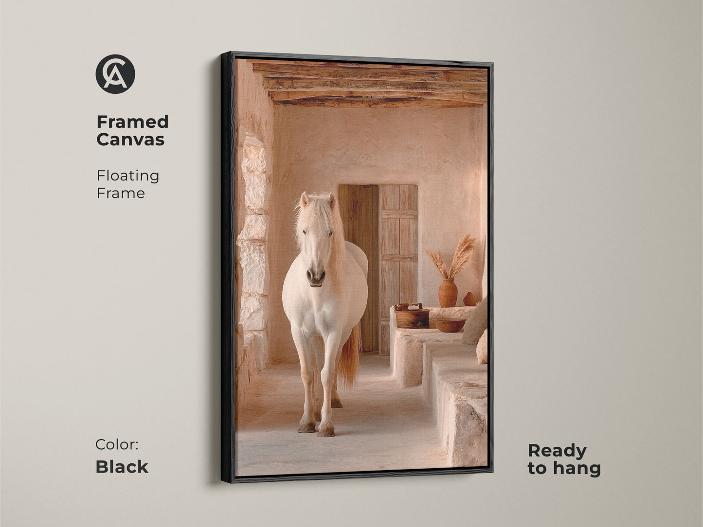 Black framed canvas of a cream tan beige horse in a rustic interior. This boho horse wall art is ready to hang. The floating frame enhances the animal nature artwork. Ideal for bedroom or living room wall decor. A unique housewarming gift.