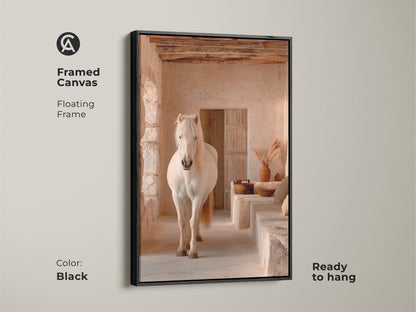 Black framed canvas of a cream tan beige horse in a rustic interior. This boho horse wall art is ready to hang. The floating frame enhances the animal nature artwork. Ideal for bedroom or living room wall decor. A unique housewarming gift.