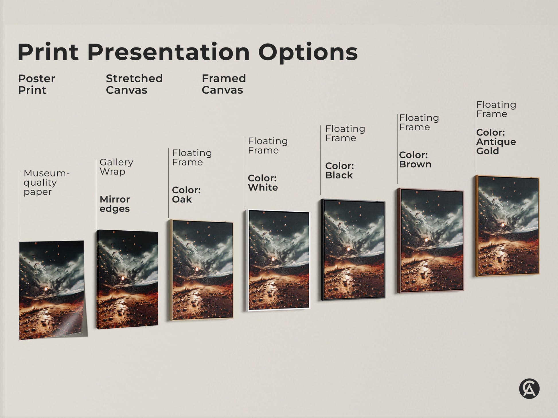 Explore print presentation options for surreal desert storm canvas. Choose from poster print stretched canvas and framed canvas. Find the perfect earth tones wall art for your eclectic home decor.