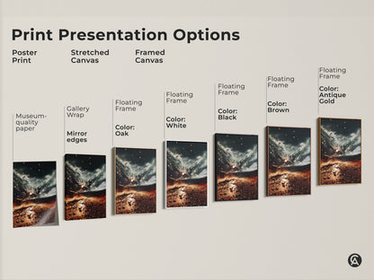 Explore print presentation options for surreal desert storm canvas. Choose from poster print stretched canvas and framed canvas. Find the perfect earth tones wall art for your eclectic home decor.