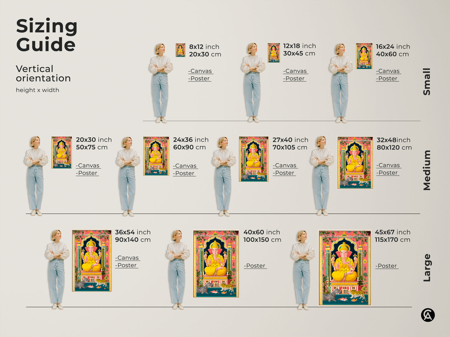 Sizing guide for Spiritual Ganesha Wall Art Print. This guide offers vertical orientation height and width. Choose from canvas or poster options in small medium and large sizes. Find the perfect fit for your space with this sizing guide