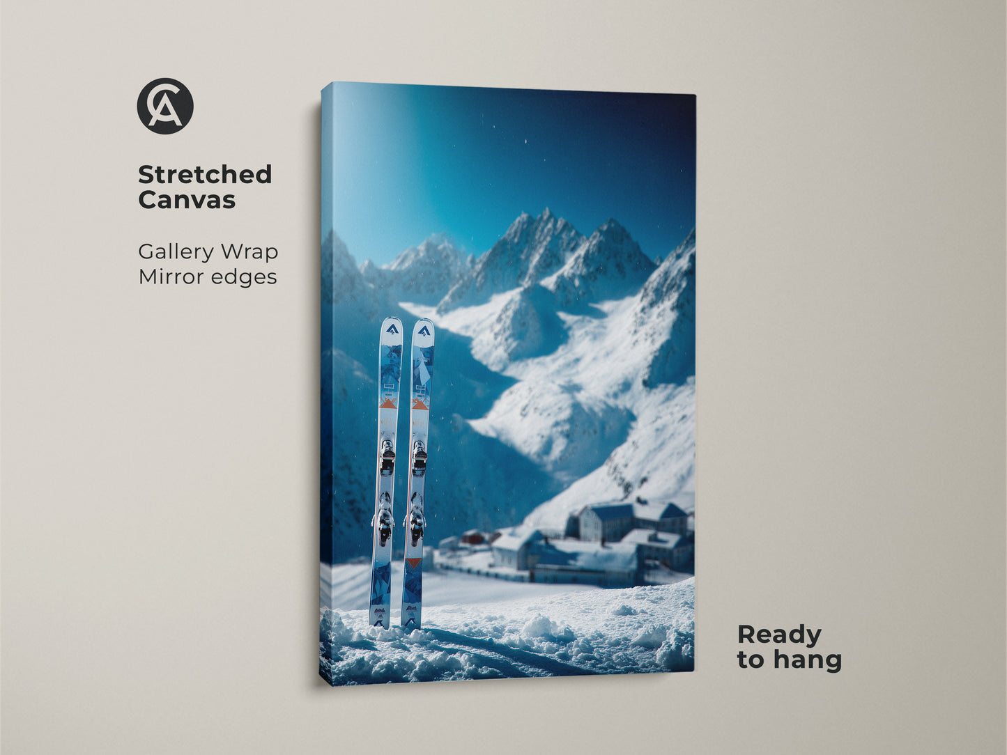 Stretched canvas of a ski art print. Gallery wrapped canvas with a winter mountain scene. The skis are in the snow. The canvas is ready to hang. Buy this stretched canvas art today.