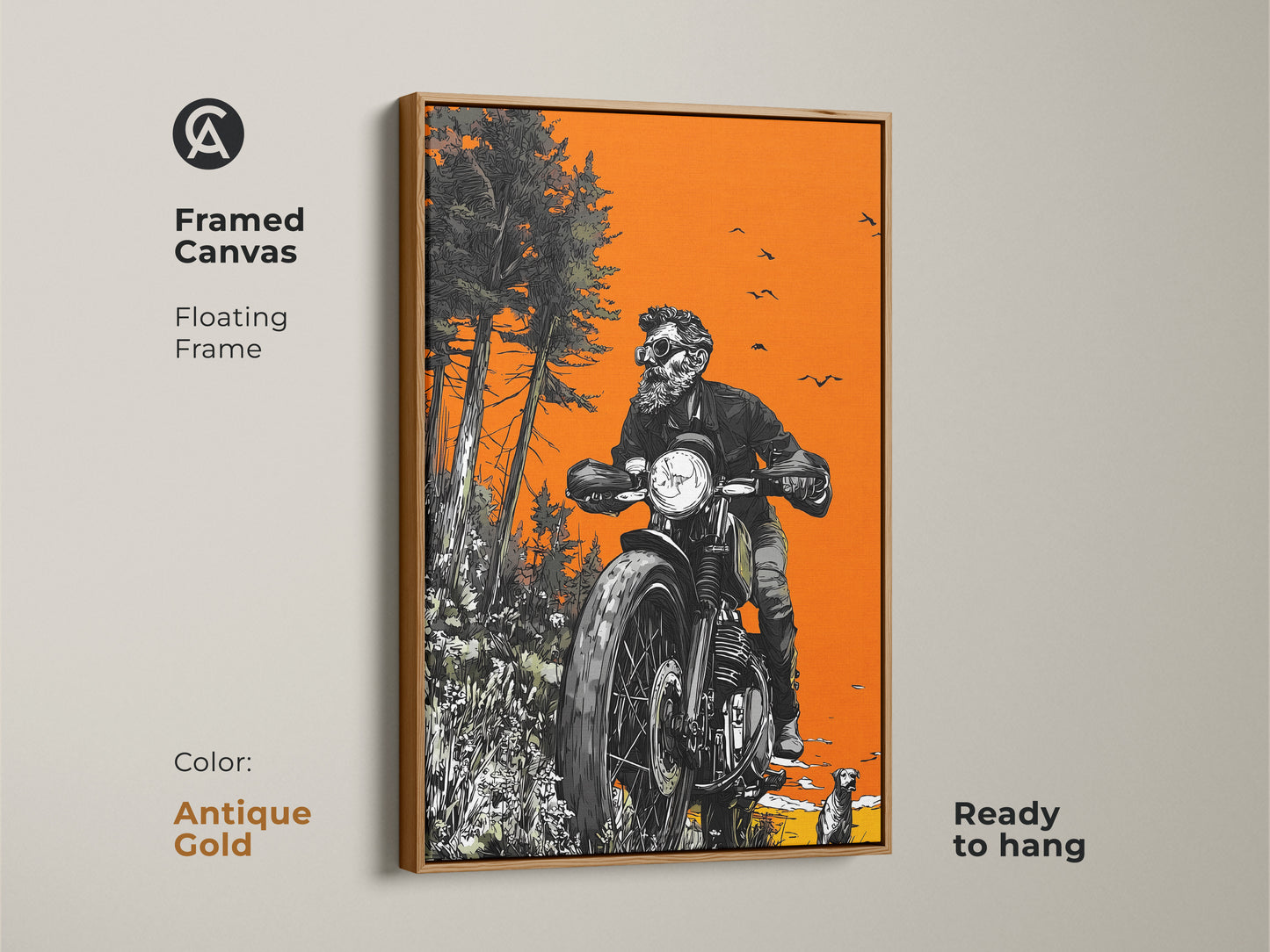 Antique gold framed canvas artwork showcasing a skeleton biker on a motorcycle. The floating frame adds elegance. The artwork comes ready to hang. It combines edgy biker culture with serene nature. A unique art piece.