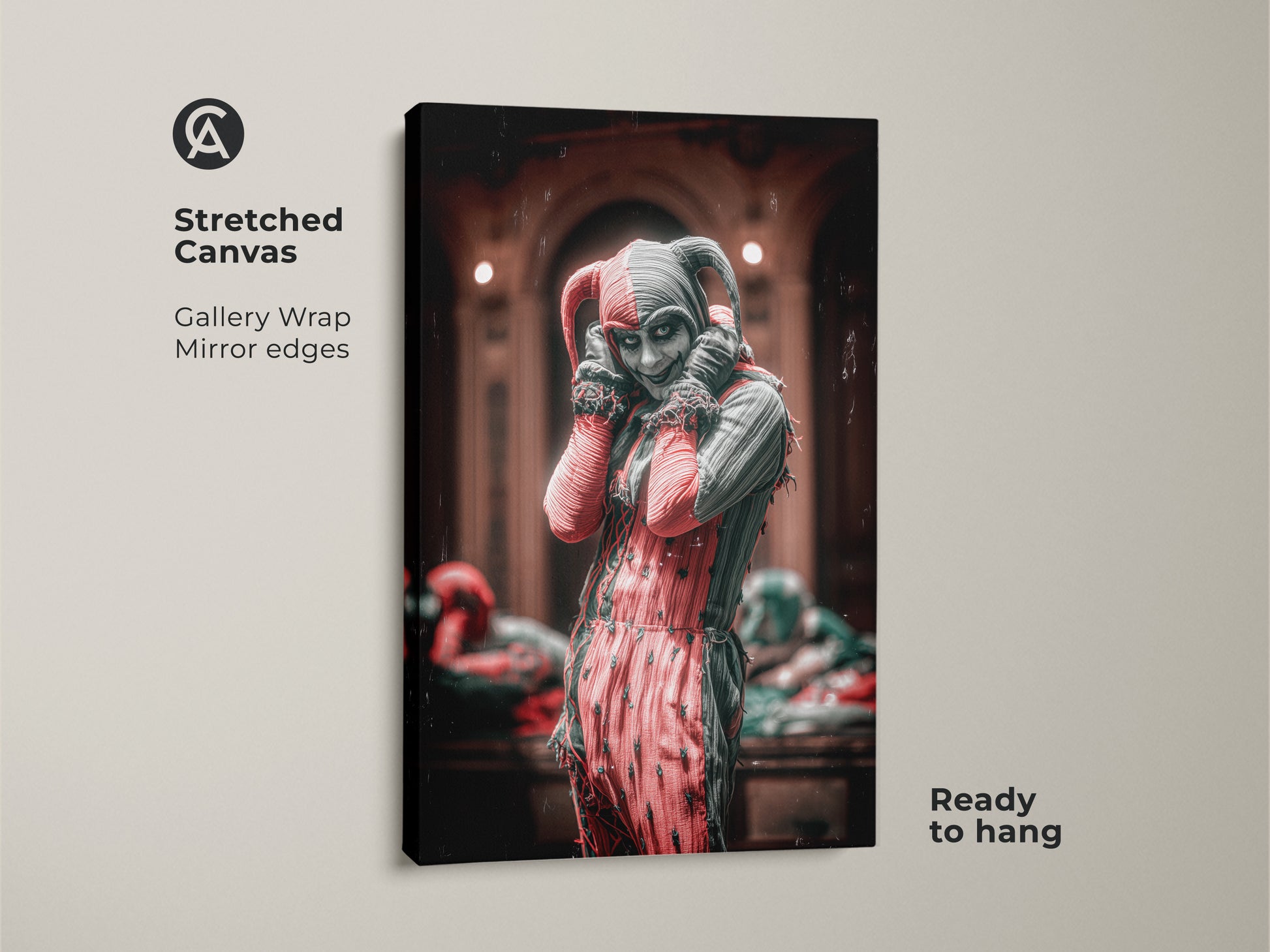 Stretched canvas featuring a dark academia art print. This gothic jester wall art showcases a crimson & black harlequin character. Ideal for a unique home wall art. Ready to hang and adds a touch of macabre fantasy decor to any room or office workspace.
