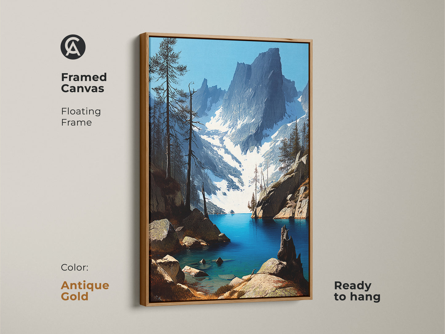 Framed canvas print of a rustic mountain lake with an antique gold floating frame. Deep blue pine forest art brings a scenic nature view to your home. This realistic landscape artwork adds a touch of elegance. It is ready to hang making it an ideal housewarming gift.