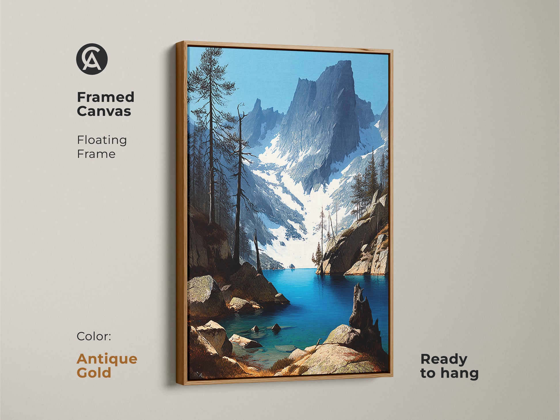 Framed canvas print of a rustic mountain lake with an antique gold floating frame. Deep blue pine forest art brings a scenic nature view to your home. This realistic landscape artwork adds a touch of elegance. It is ready to hang making it an ideal housewarming gift.