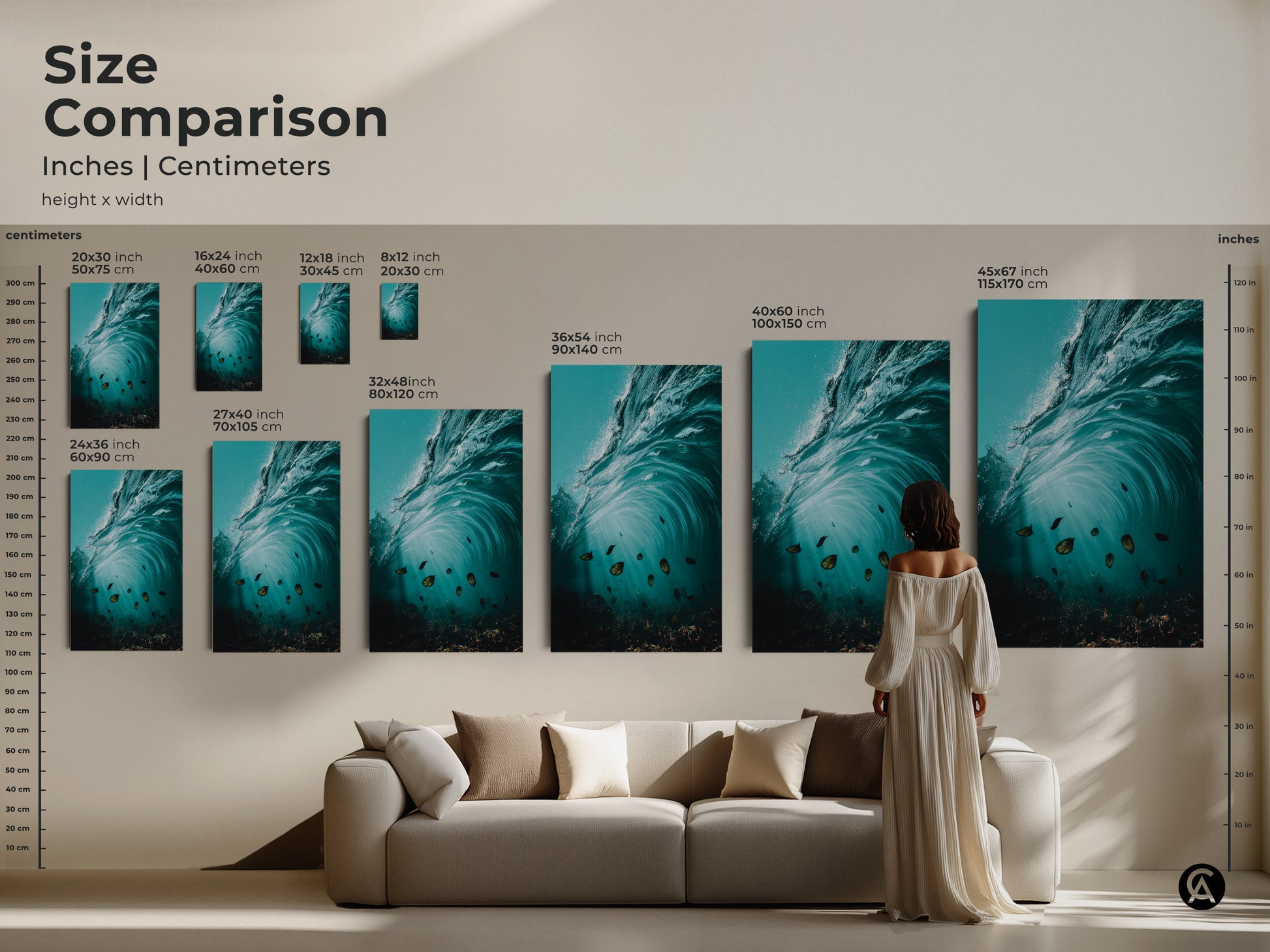 Size comparison of coastal canvas prints in inches and centimeters. See how the underwater ocean artwork fits above a sofa. Sizes range from small 8x12 to large 45x67. The surrealism style.