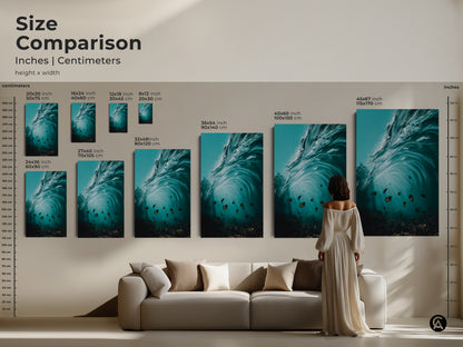 Size comparison of coastal canvas prints in inches and centimeters. See how the underwater ocean artwork fits above a sofa. Sizes range from small 8x12 to large 45x67. The surrealism style.