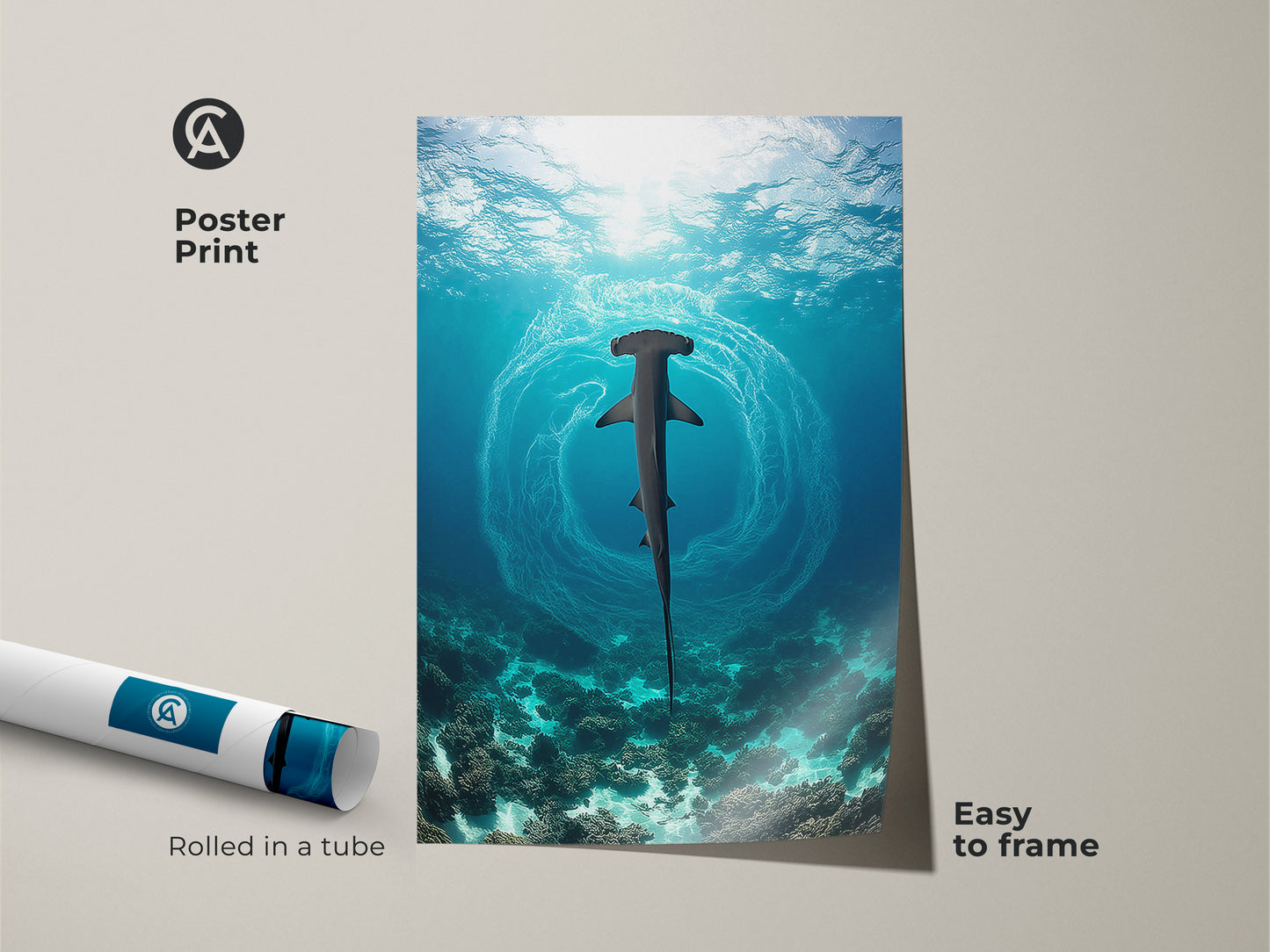 A poster print features a hammerhead shark gracefully swimming in the deep blue sea. This marine life art is easy to frame and adds a touch of aquatic wonder to any space. The coral reef and underwater scene make it a perfect gift for ocean enthusiasts and a great addition to a study room.