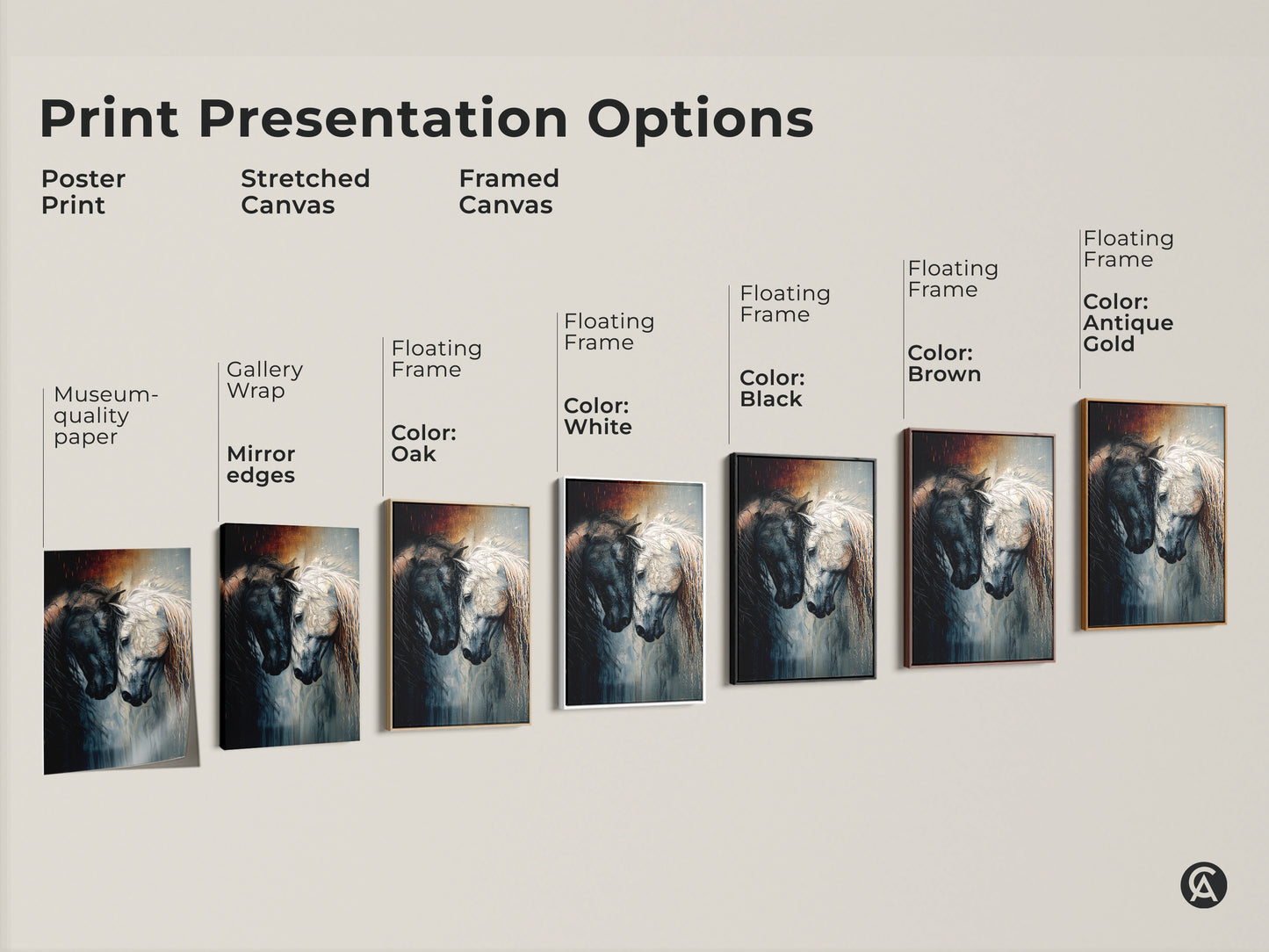 Explore Print Presentation Options. Poster prints stretched canvas and framed canvas options are displayed. Choose black brown antique gold or white frames for your black and white equine art.