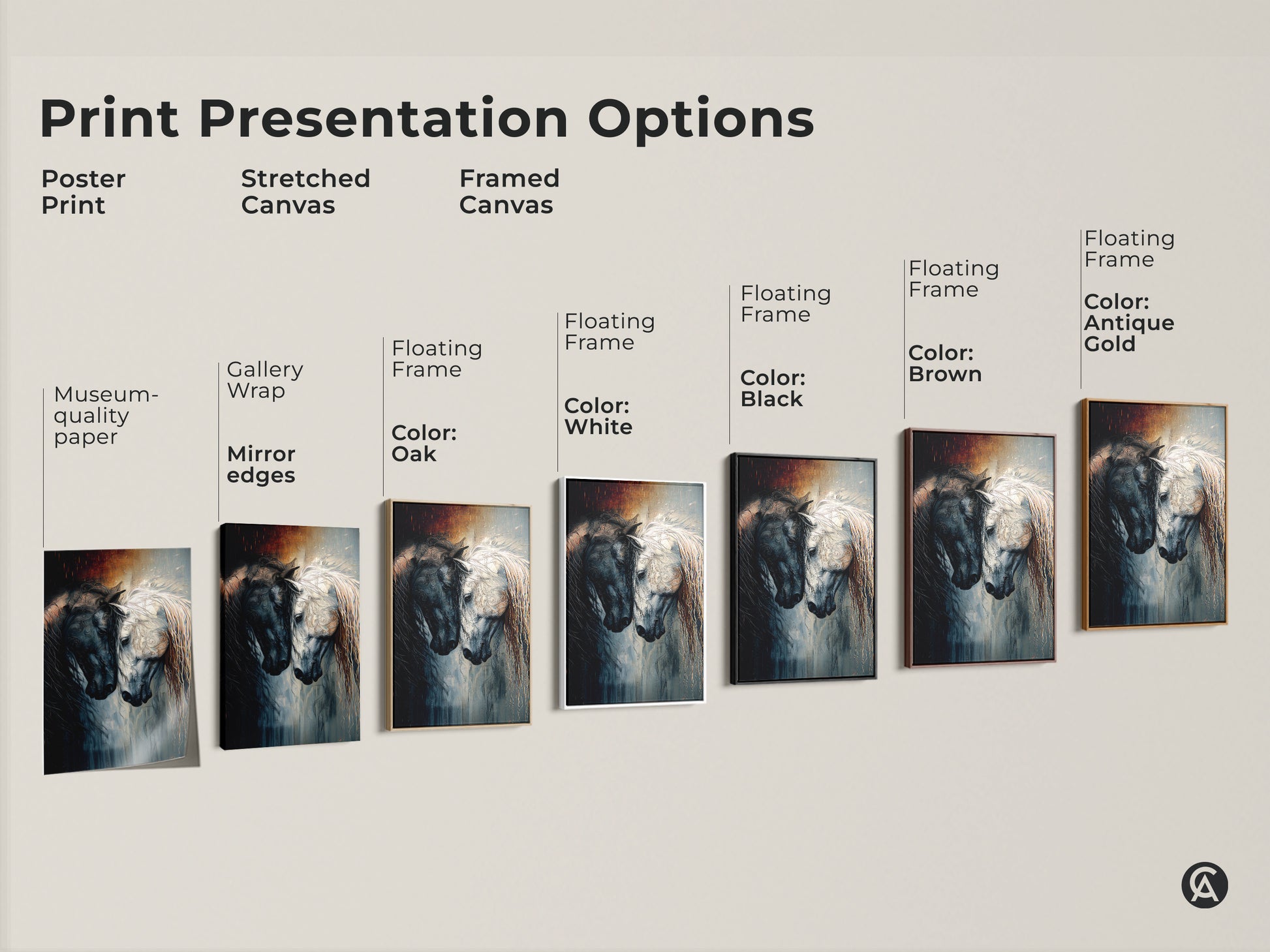 Explore Print Presentation Options. Poster prints stretched canvas and framed canvas options are displayed. Choose black brown antique gold or white frames for your black and white equine art.