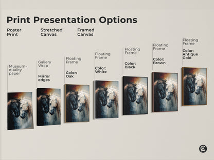 Explore Print Presentation Options. Poster prints stretched canvas and framed canvas options are displayed. Choose black brown antique gold or white frames for your black and white equine art.