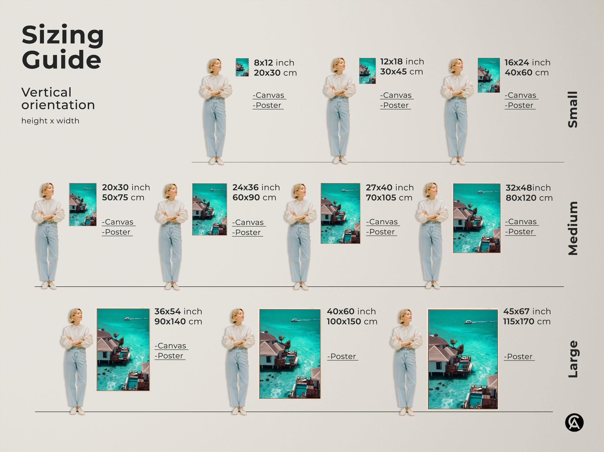 Sizing guide for vertical artwork. Canvas and poster options are available in small medium and large. Showcase a teal ocean luxury tropical resort bungalow coastal beach house art in the perfect size for your space. Find the ideal beach lover gift.