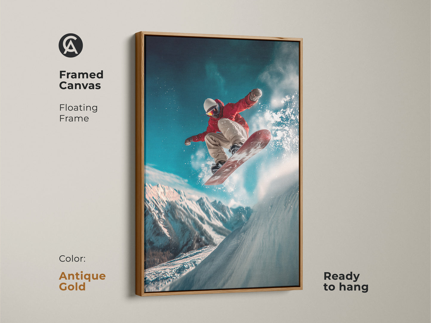 This framed canvas art showcases a snowboarder in action. The antique gold floating frame adds elegance. Ready to hang this artwork will enhance any space. The snowboarder art is sure to impress.