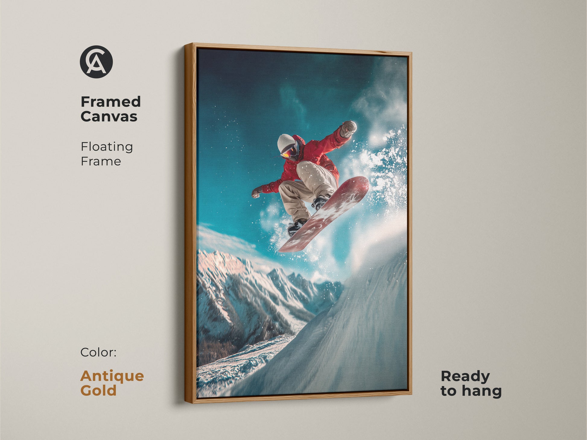 This framed canvas art showcases a snowboarder in action. The antique gold floating frame adds elegance. Ready to hang this artwork will enhance any space. The snowboarder art is sure to impress.