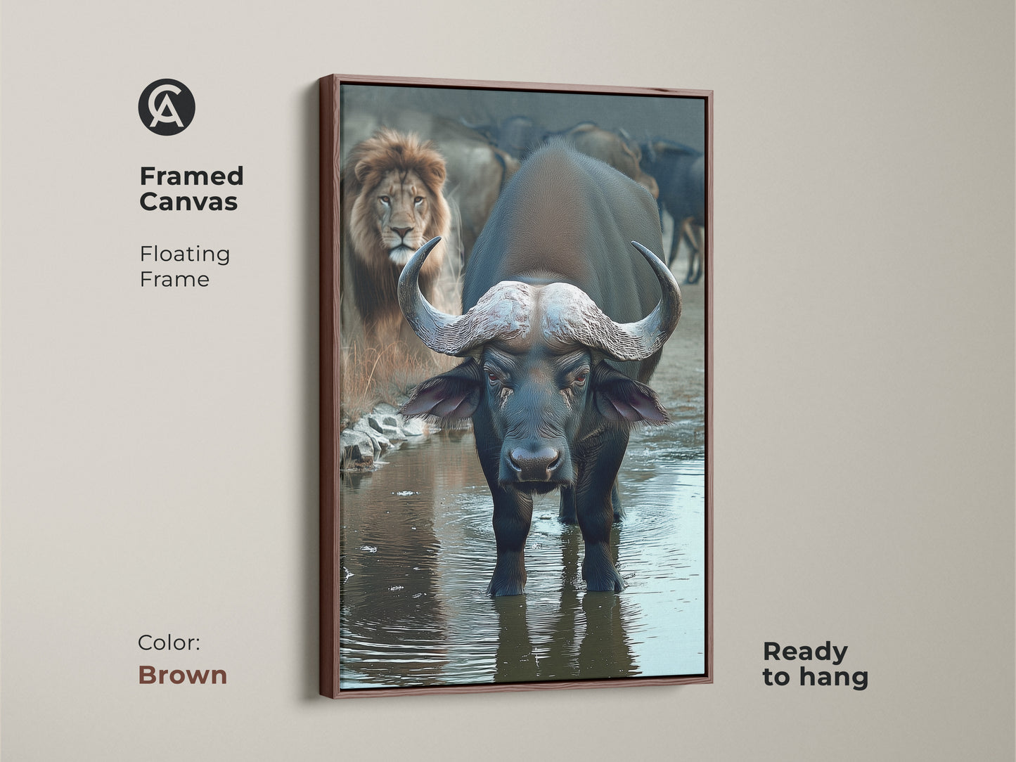 Framed in brown this Buffalo and Lion wall art is an African wildlife canvas print. The safari animals artwork has a photorealistic style. This eclectic home decor is ready to hang. It's a dark blue and brown art piece. It's a great housewarming gift idea.